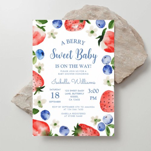 Blueberry Strawberry Watercolor Baby Boy Shower Invitation