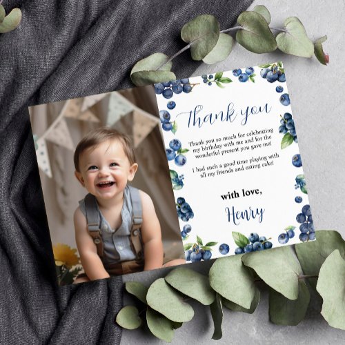 Blueberry Sweet 1st Birthday Photo Thank You Card