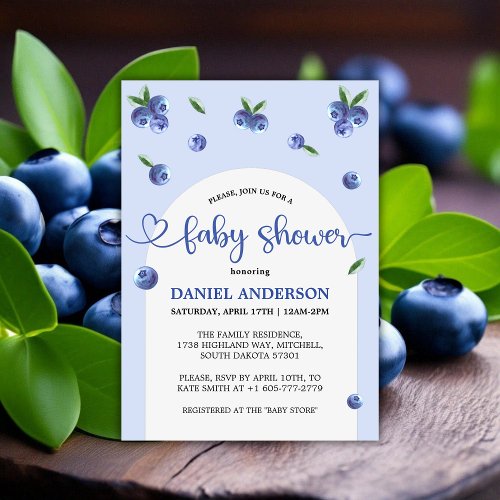 Blueberry Sweet Watercolor Boy Baby Shower Invitation