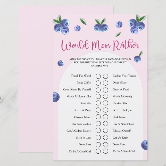 Blueberry Sweet Watercolor Girl Baby Shower Game (Front/Back)