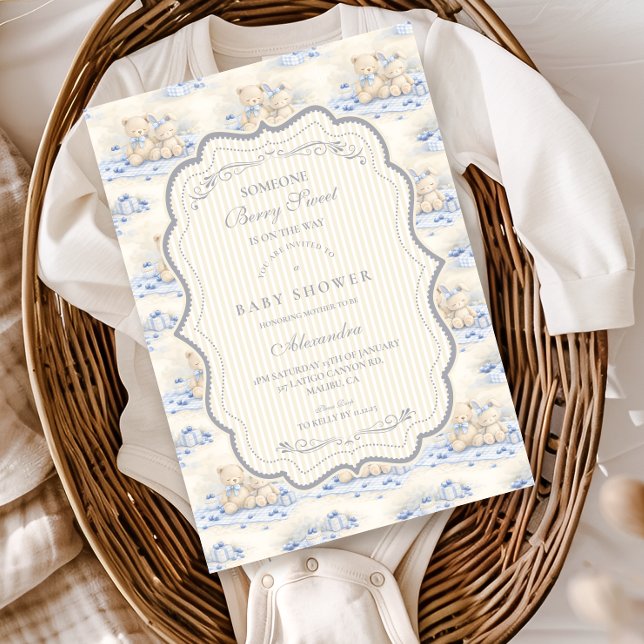 Blueberry Teddy Gift Toile Baby Shower Invitation (Creator Uploaded)