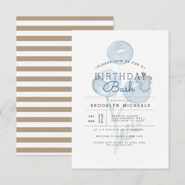 Blueberry Trio | Berry Watercolor Birthday Bash Invitation (Front/Back)