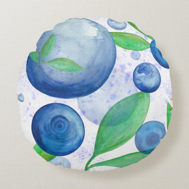 Blueberry watercolor fruit berries round pillow (Front)