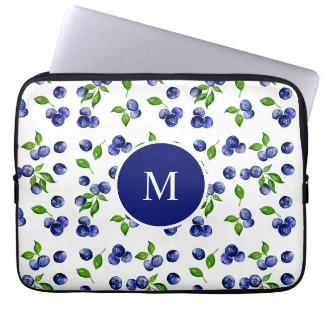 Blueberry Watercolor Monogram Berry Rustic Chic  Laptop Sleeve (Front)