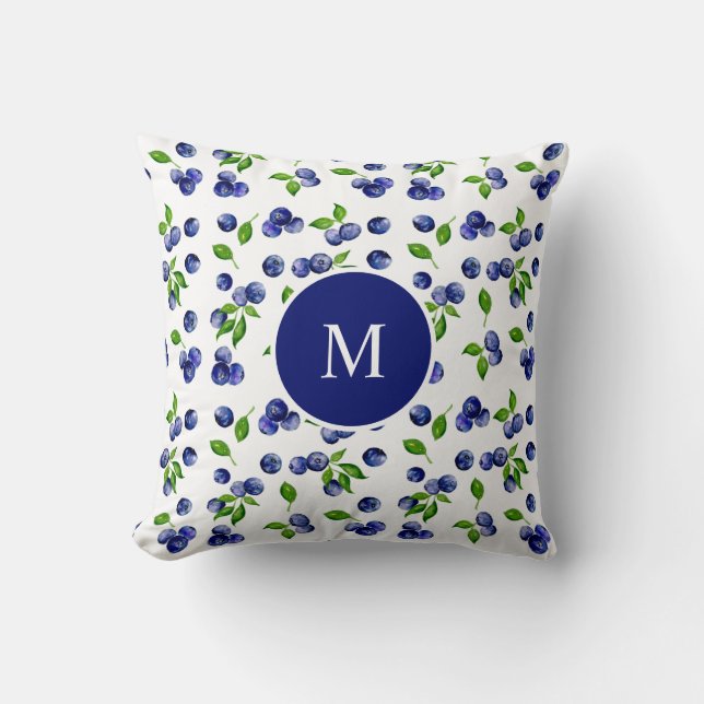 Blueberry Watercolor Monogram Berry Rustic Chic  T Throw Pillow (Front)