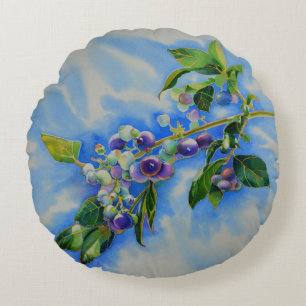 Blueberry watercolor painting, blue fruit  round pillow