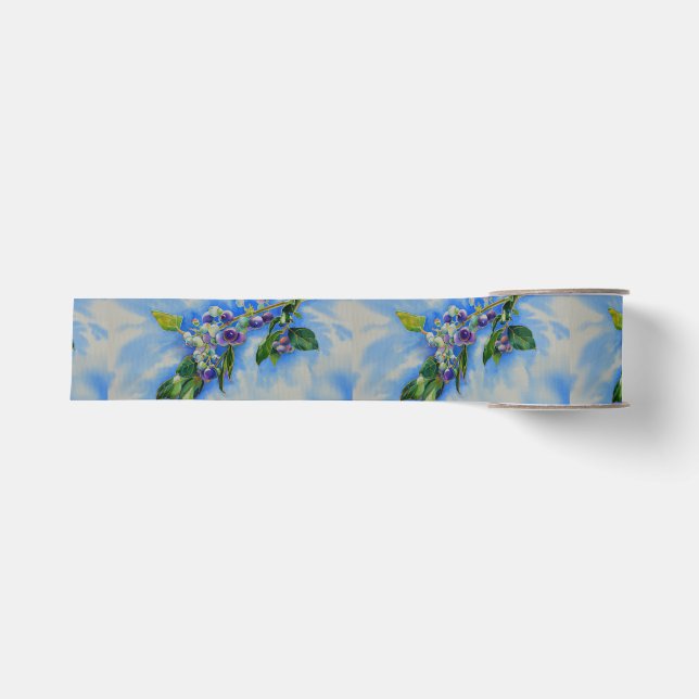 Blueberry watercolor painting grosgrain ribbon (Front)