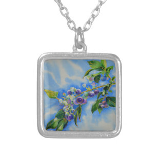 Blueberry watercolor painting silver plated necklace