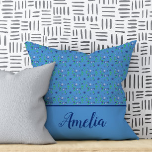 Blueberry watercolor pattern cute name blue throw pillow