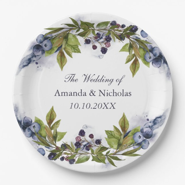 Blueberry  wedding personalized paper plates (Front)