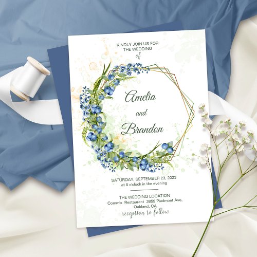 Blueberry Wildflowers Faux Gold Foil Frame Wedding Invitation