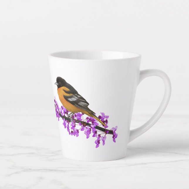 Bluebird and Baltimore Oriole Songbirds on Redbud Latte Mug (Right)