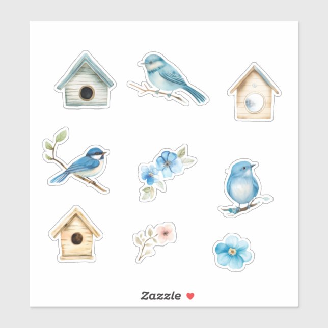 Bluebird and Bird Houses Sticker (Sheet)