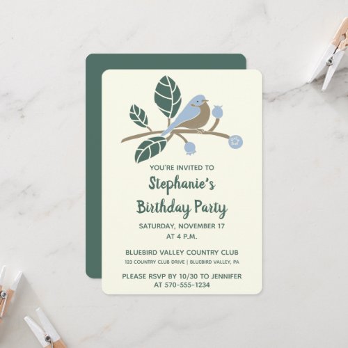 Bluebird and Blueberries Custom Birthday Party Invitation