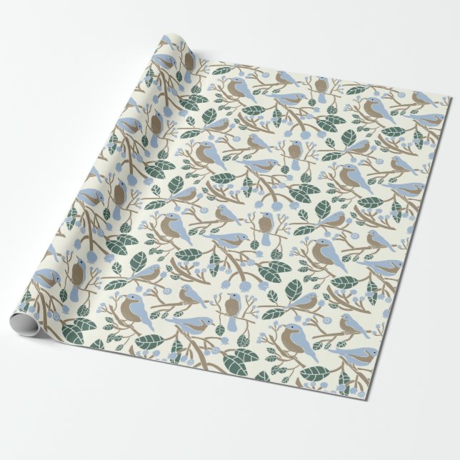 Bluebird and Blueberries Patterned Wrapping Paper (Unrolled)