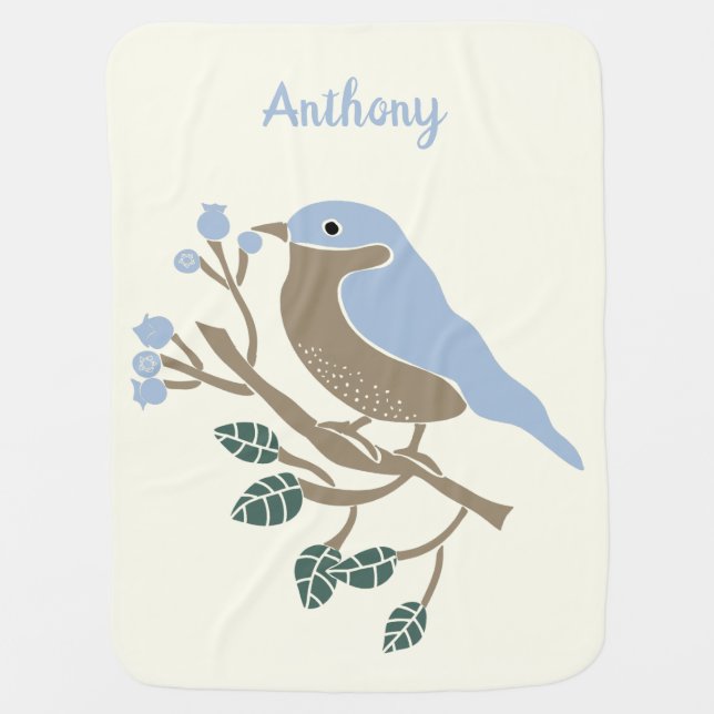 Bluebird and Blueberries Personalized Baby Blanket (Front)