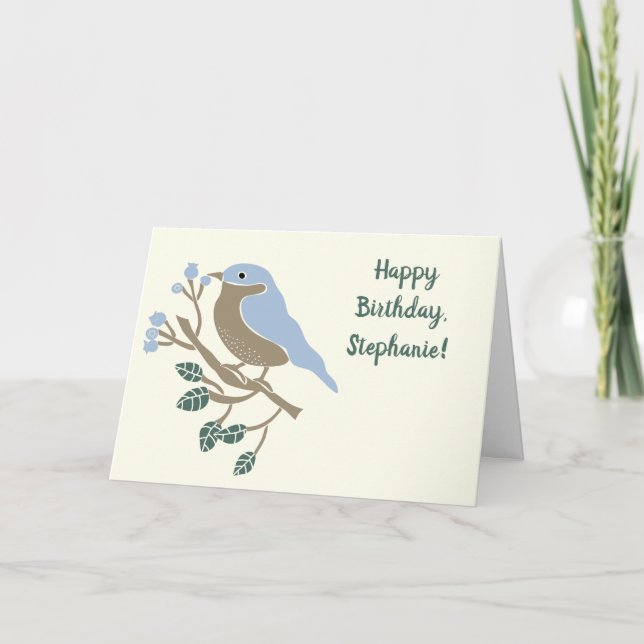 Bluebird and Blueberries Personalized Birthday Card (Front)