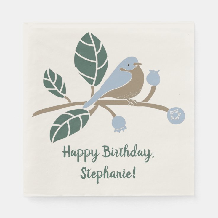 Bluebird and Blueberries Personalized Birthday Napkins Zazzle