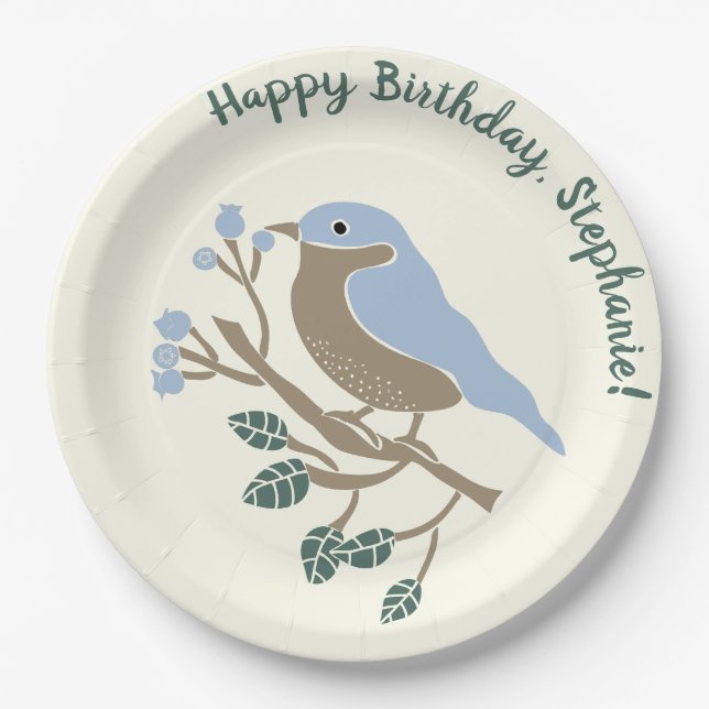 Bluebird and Blueberries Personalized Birthday Paper Plates (Front)