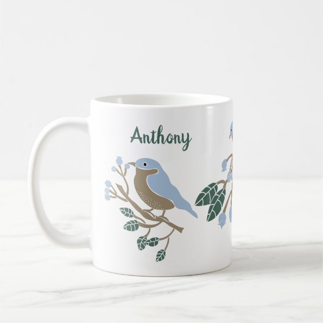 Bluebird and Blueberries Personalized Coffee Mug (Left)