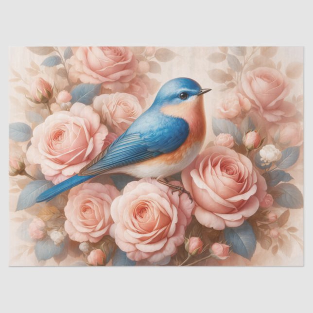 Bluebird and Blush Pink Roses Decoupage Tissue Paper (Front)
