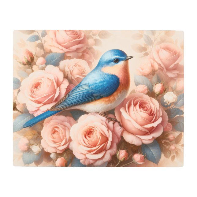 Bluebird and Blush Pink Roses Metal Print (Front)