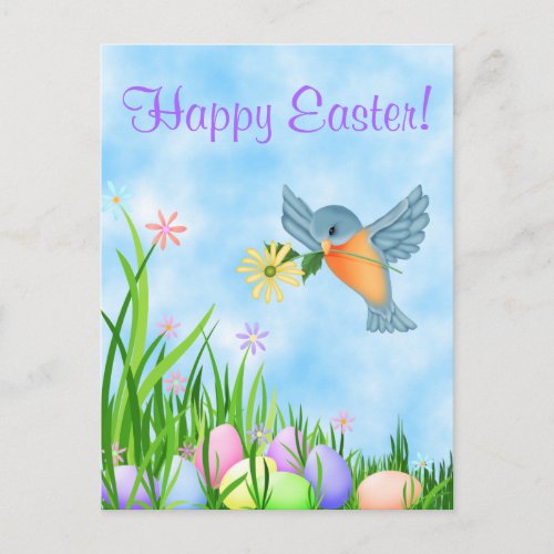 Bluebird and Flowers Happy Easter Postcard