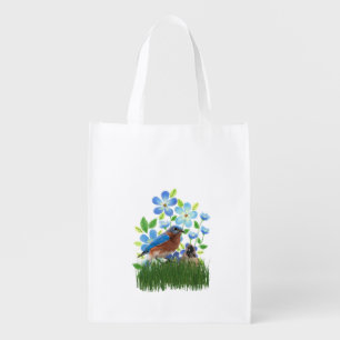 Bluebird and Forget-Me-Not Flower Grocery Bag