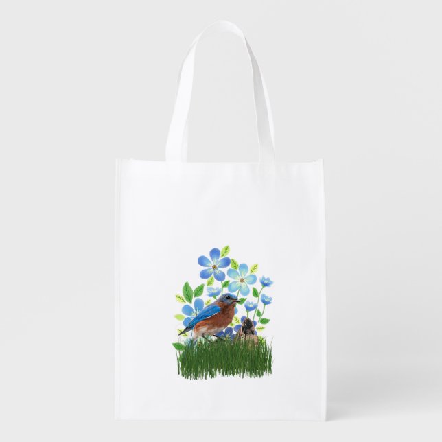 Bluebird and Forget-Me-Not Flower  Grocery Bag (Front)