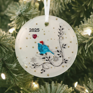 Bluebird and Heart Glass Ornament