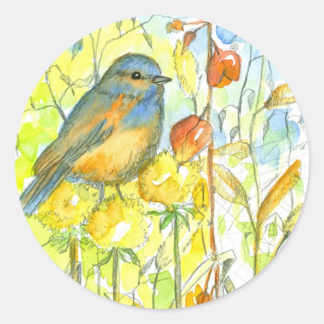 Bluebird Autumn Plants Classic Round Sticker (Front)