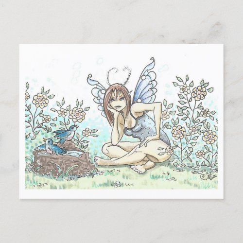 Bluebird Bath Fairy Illustration Art Print Postcard