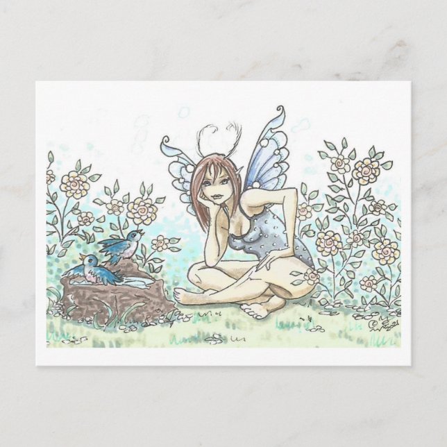 Bluebird Bath Fairy Illustration Art Print Postcard (Front)