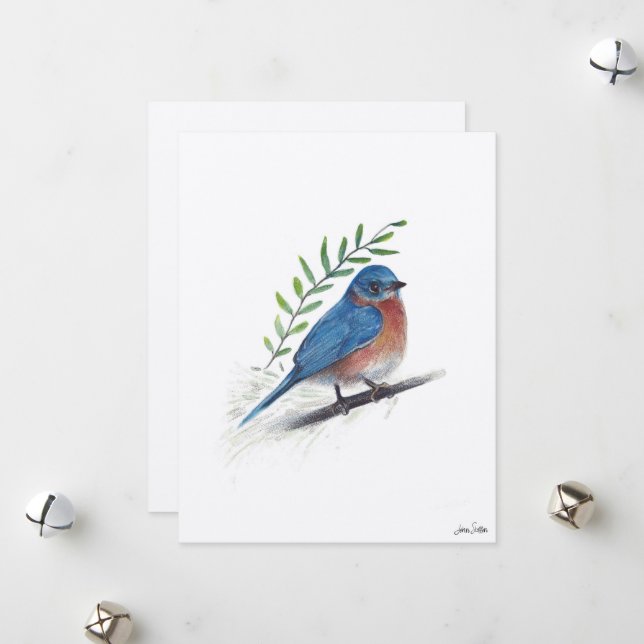 Bluebird Bird Art Holiday Card (Front/Back In Situ)