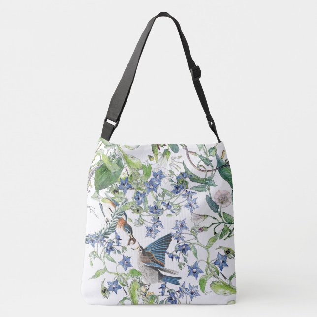 Bluebird Bird Morning Glory Borage Floral Tote Bag (Back)