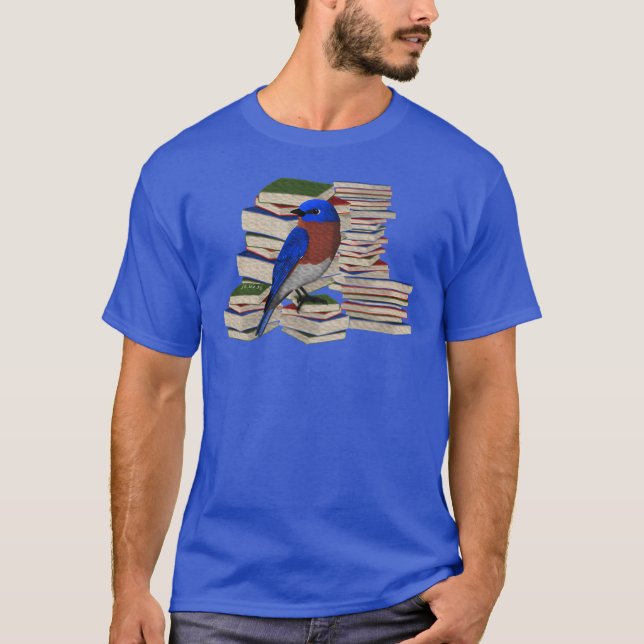 Bluebird Birds and Books Reading Bird Watching fun T-Shirt (Front)