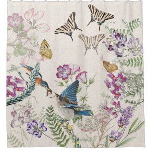 Bluebird Birds Butterfly Flowers Shower Curtain