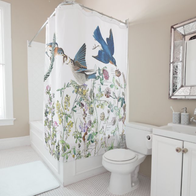 Bluebird Birds Wildflower Flower Shower Curtain (In Situ)