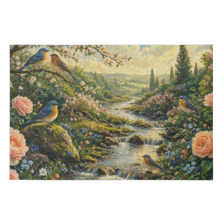 Bluebird Blossom River Garden Painting Faux Canvas Print