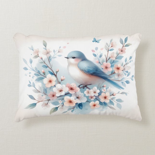 Bluebird Blossom Watercolor Serenity Accent Pillow (Front)