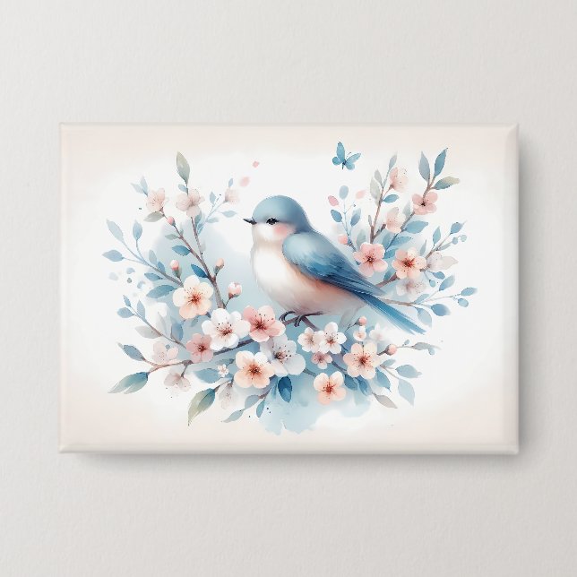 Bluebird Blossom Watercolor Serenity Button (Front)