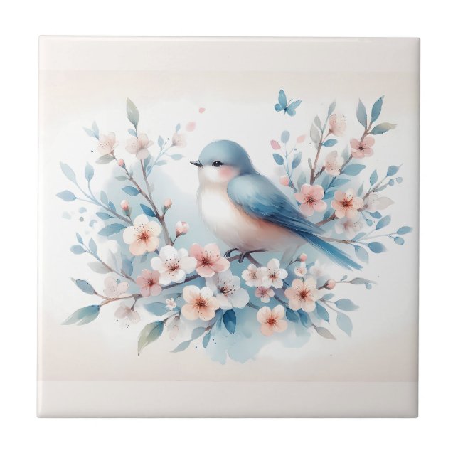 Bluebird Blossom Watercolor Serenity Ceramic Tile (Front)