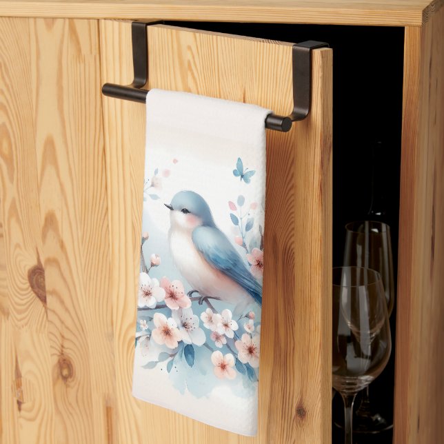 Bluebird Blossom Watercolor Serenity Kitchen Towel (Thirds Fold)