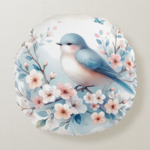 Bluebird Blossom Watercolor Serenity Round Pillow