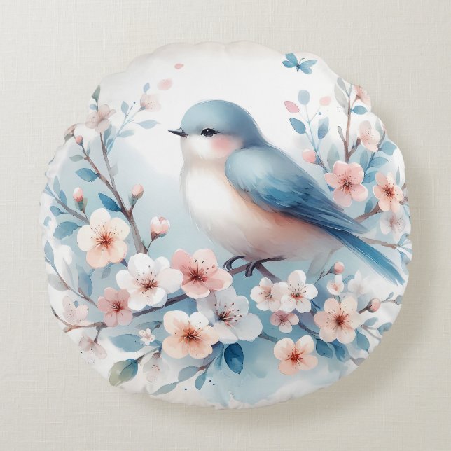 Bluebird Blossom Watercolor Serenity Round Pillow (Front)