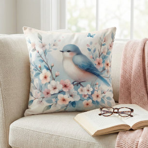 Bluebird Blossom Watercolor Serenity Throw Pillow