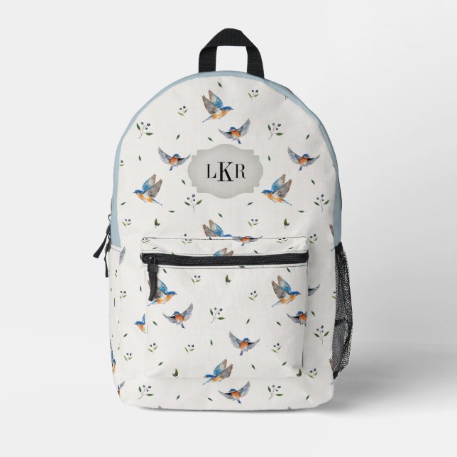 Bluebird & Blueberry Pattern 3-Letter Monogram Printed Backpack (Front)
