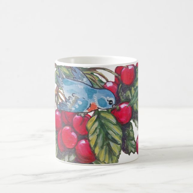 Bluebird Cherries Red Blue Leaves Fruit Summer Coffee Mug (Center)