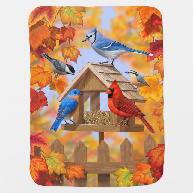 Bluebird Chickadee Cardinal Autumn Bird Feeder Baby Blanket (Front)