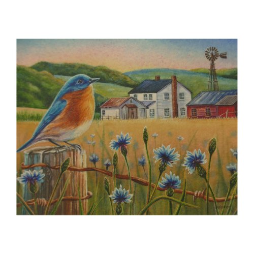 Bluebird Cornflowers Summer Farm Watercolor Art
